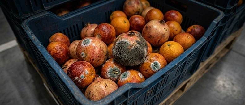 Fruta con moho debido a la rotura de la cadena de frío por fugas térmicas en el muelle de carga