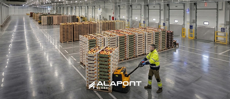 Worker operating in a temperature-controlled warehouse using advanced loading dock sealing systems
