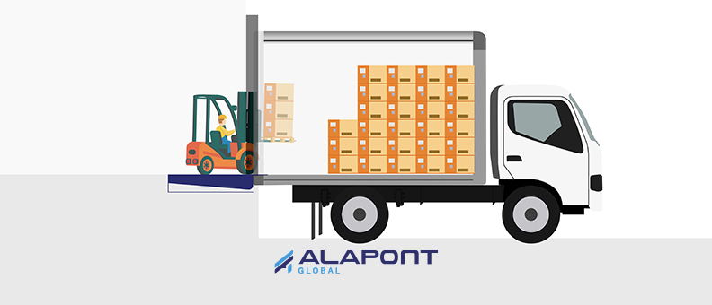 Forklift loading pallets into a truck parked at an Alapont Global loading dock