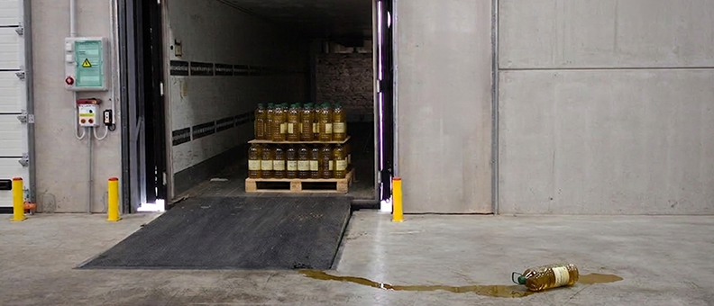Spilled liquid container on a warehouse floor, illustrating operational risks and hygiene challenges in logistics