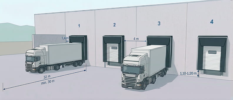 Plan technique avec les mesures clés pour la conception efficace d'une zone de chargement et de quais logistiques